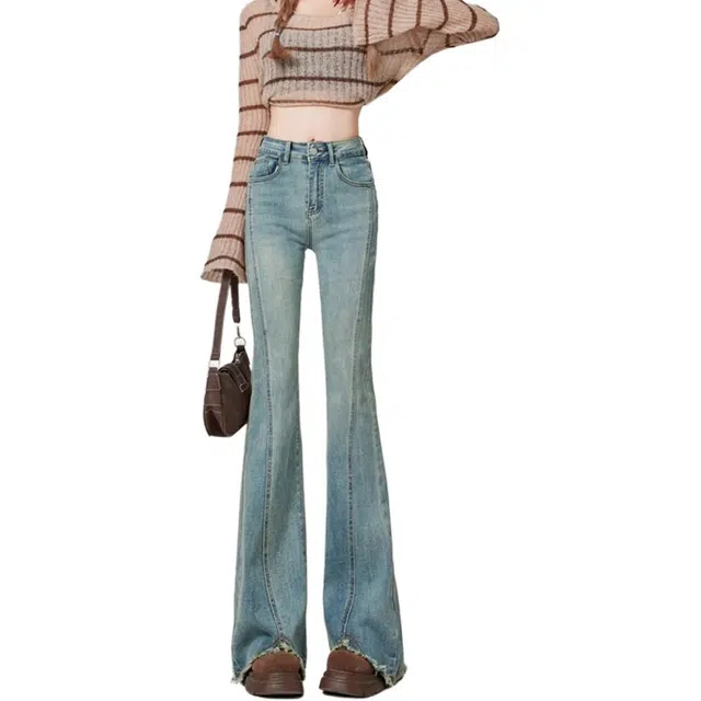 么宁 毛边微喇叭裤女高腰修身显瘦马蹄裤垂感拖地时尚潮流小个子显高牛仔裤 女款