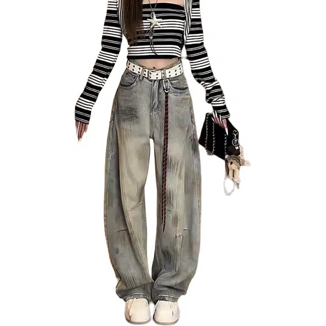 如续 秋冬上新复古美式刺绣脏染设计高腰垂感显瘦时尚个性做旧宽松弯刀阔腿拖地裤牛仔裤 女款