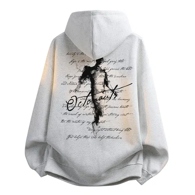 海底小纵队 街头嘻哈潮人美式高街背面信件创意烟雾艺术潮牌印花宽松版型大码百搭时尚单品学院风上衣直筒落肩套头连帽卫衣 男女同款