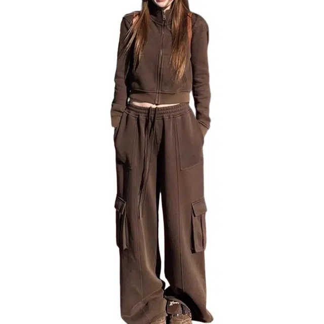 小卷要加油 高级感时尚运动服女春秋宽松显瘦小香风工装裤休闲两件套卫衣套装 女款