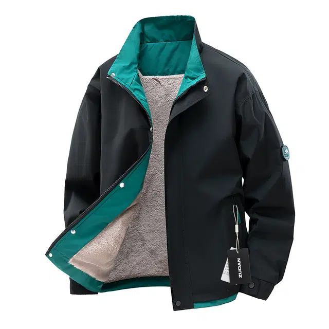 左岸 加绒加厚美式潮流百搭撞色拼接简约拉链开衫翻领上衣宽松休闲舒适防风保暖外套秋冬夹克 男款