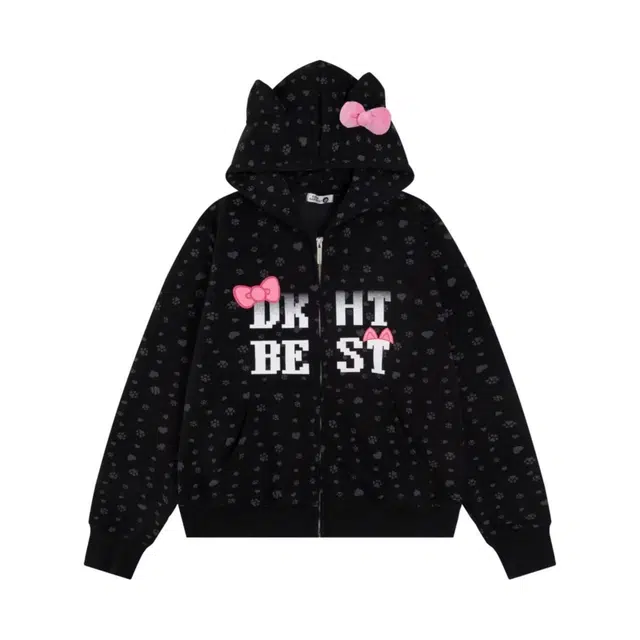 桴生 爱心字母蝴蝶结印花拉链开衫上衣女外套连帽加绒卫衣 女款