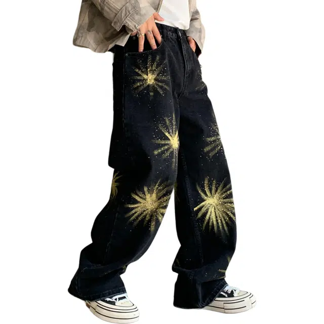 宝米卡 巴黎风潮牌美式复古高街烟花涂鸦宽松直筒阔腿休闲长裤牛仔裤 男女同款