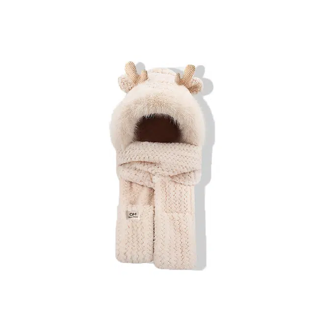 【秋冬必备~可爱小鹿】 攸委 搞怪鹿角牛角毛绒帽子女冬季保暖围巾手套一体加厚双层 涤纶 防寒护耳帽三件套围脖斗篷帽 男女同款情侣款