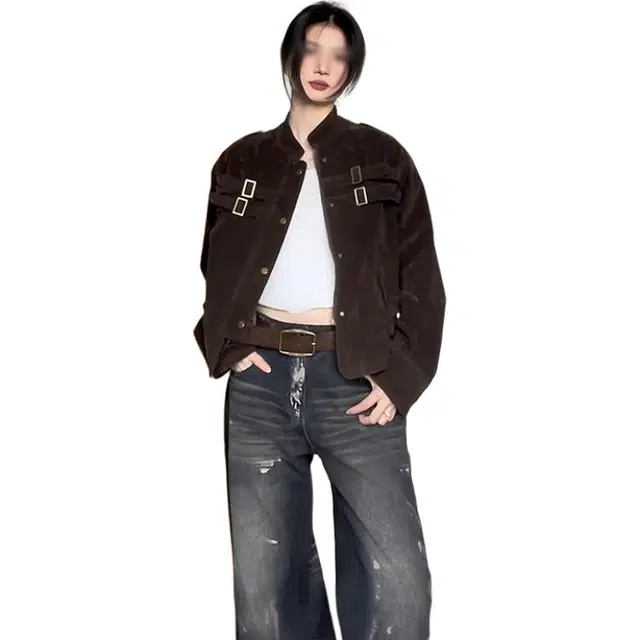 单爵 美式拼接绑带设计麂皮外套男款秋季高级感短款哈夹克 男女同款
