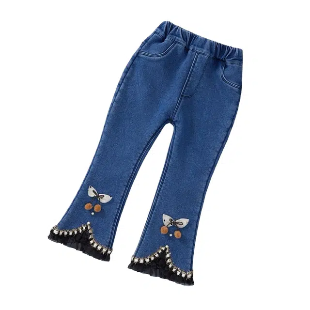 吉姆沃克 牛仔裤 冬季外穿一体绒加厚女宝宝冬装裤子儿童洋气喇叭裤