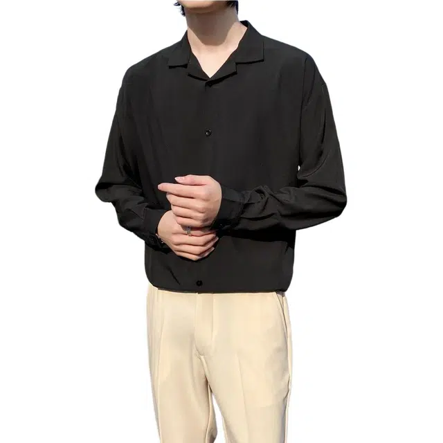 袋鼠 简约高级感长袖薄款西装内搭韩版潮流纯色衬衣宽松大码轻奢商务休闲翻领抗皱免烫外套婚礼伴郎百搭衬衫 男女同款