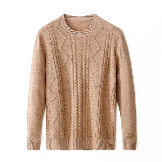 恒源祥 【山羊绒+绵羊毛】纯色双股中厚提花毛衫冬季打底衫圆领麻花通勤时尚针织衫 男女同款