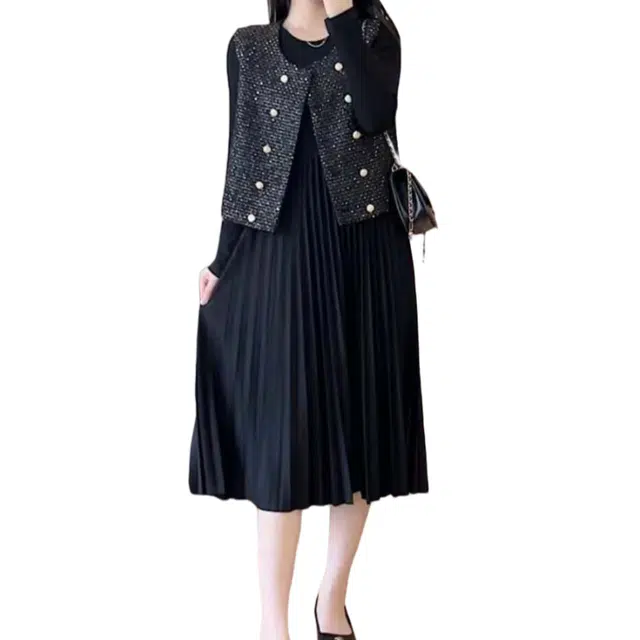 纤丝鸟 套装名媛气质小香风马甲显瘦长裙两件套长袖连衣裙 女款