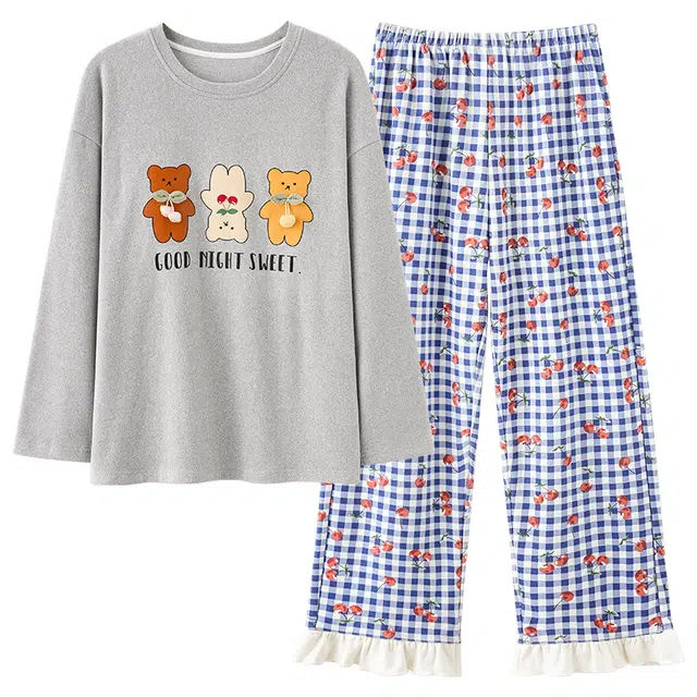 俏薇妮 秋冬款德绒长袖保暖条纹卡通网红风可外穿家居服睡衣套装 女款