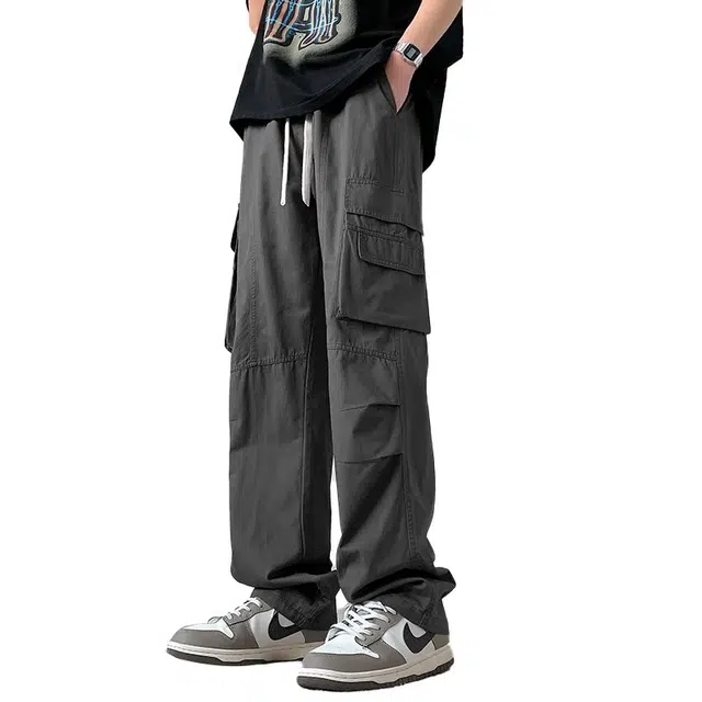 洋气先生 美式高街复古拼接褶皱小众设计感时尚潮流帅气纯棉百搭宽松阔腿垂感松紧中腰系带直筒工装大口袋显高显瘦氛围感休闲裤 男女同款