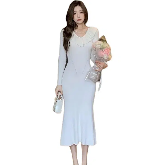 纤丝鸟 简约设计荷叶边鱼尾修身优雅气质中长款长袖连衣裙 女款