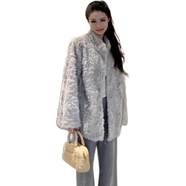 邓大喵 皮毛一体立领环保毛毛外套女冬加厚气质高级感中长款大衣宽松秋冬穿搭皮草 女款