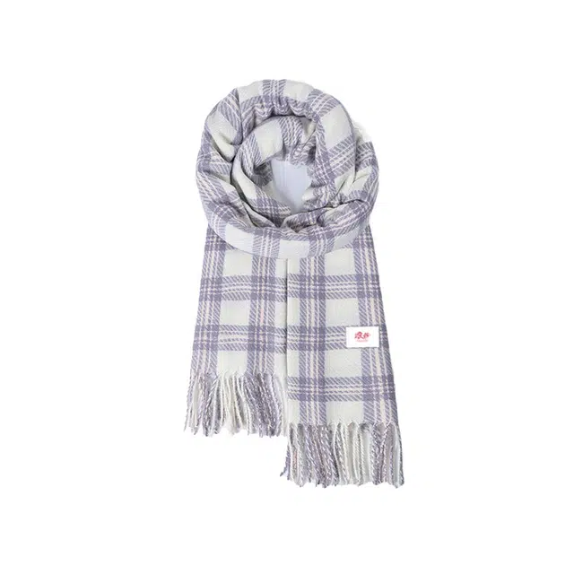 浪莎 软糯显白蓝粉色小格子流苏围脖 聚酯纤维 绒线围巾 男女同款情侣款