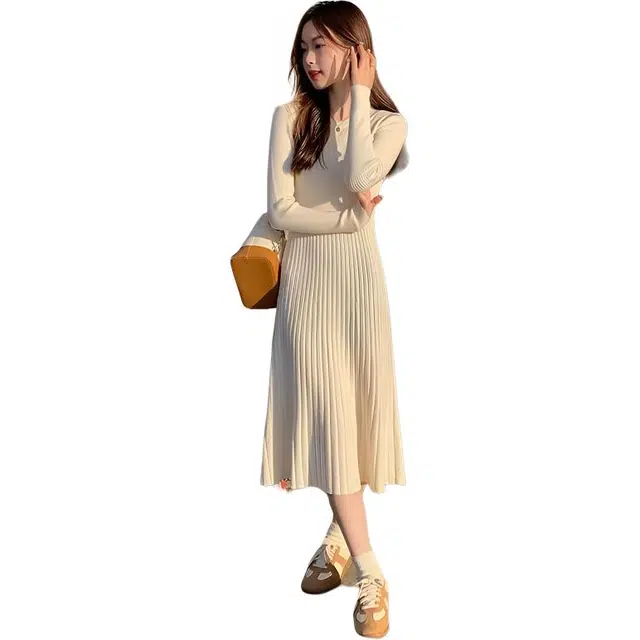 纤丝鸟 打底小个子长裙修身长款毛裙法式内搭裙子长袖连衣裙 女款