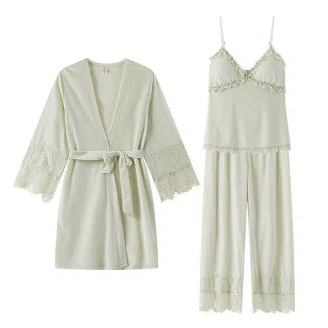宫蝶 柔软钻石绒长袖三件套家居服简约休闲开衫带可拆胸垫可外穿睡衣套装 女款