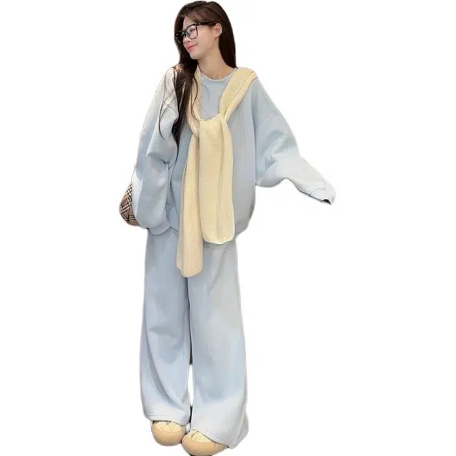 小卷要加油 披肩休闲运动女秋冬韩版学生宽松慵懒风阔腿裤时尚三件套卫衣套装 女款