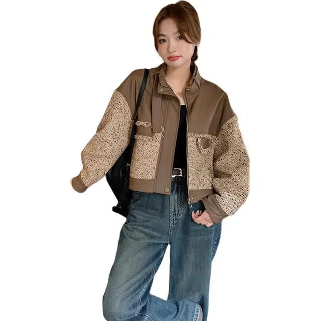 小卷要加油 韩版皮外套女系小个子百搭显瘦拼接短上衣夹克 女款