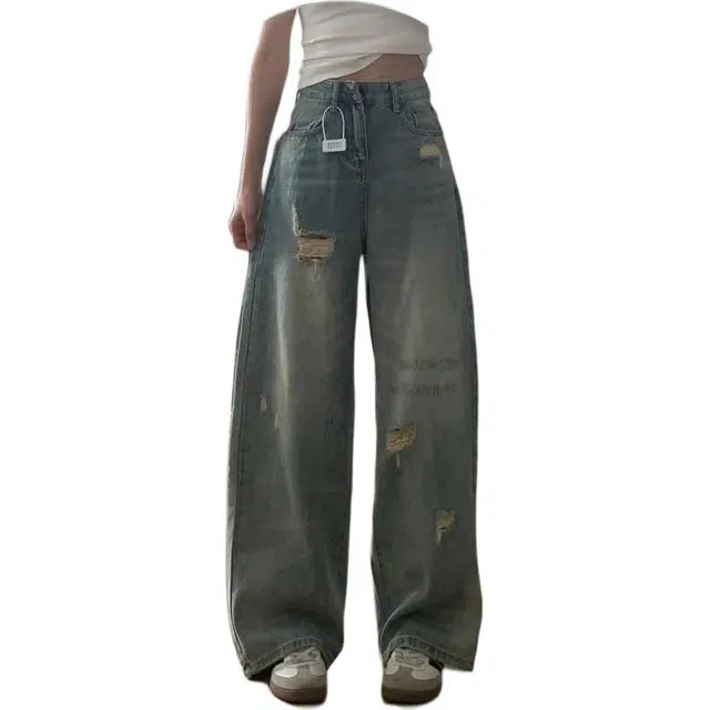 么宁 美式破洞复古薄款高腰遮肚显瘦直筒阔腿裤子牛仔裤 女款