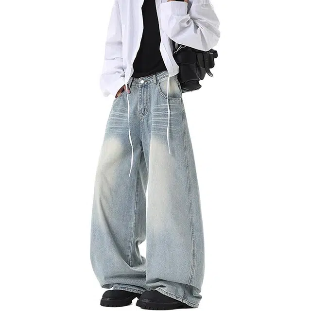 如续 美式水洗弯刀宽秋冬设计感褶皱阔腿裤子潮流百搭拖地垂坠感牛仔裤 男女同款