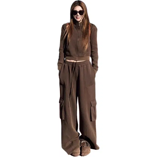 小卷要加油 宽松显瘦小香风长袖立领长裤卫衣套装 女款