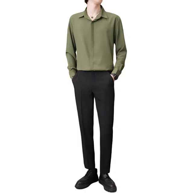 袋鼠 都市高级感长袖衬衫韩版潮流纯色衬衣修身百搭柔软舒适西裤长裤西装套装 男女同款