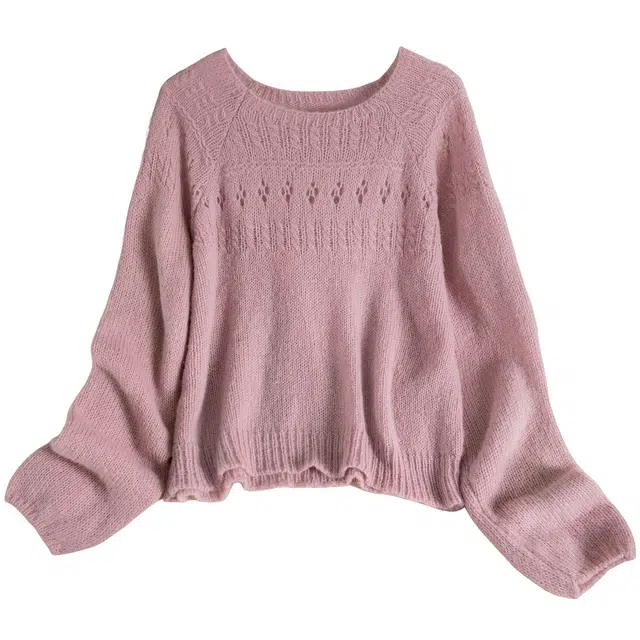 丝柏舍 纯色镂空插肩袖宽松款圆领温柔气质短款长袖针织衫 女款