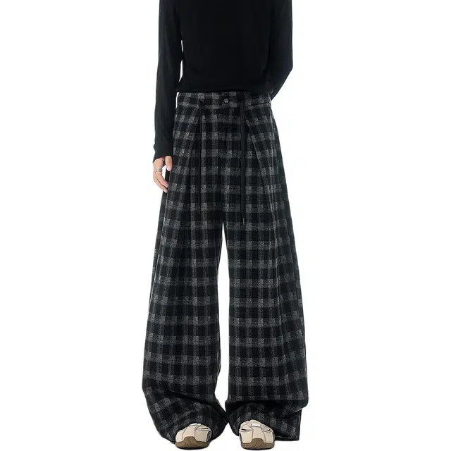 加荣 美式复古格子裤男早秋慵懒风阔腿裤男装时尚高级感弯刀裤男款显高垂感拖地裤男士宽松直筒裤男休闲百搭长裤 男女同款