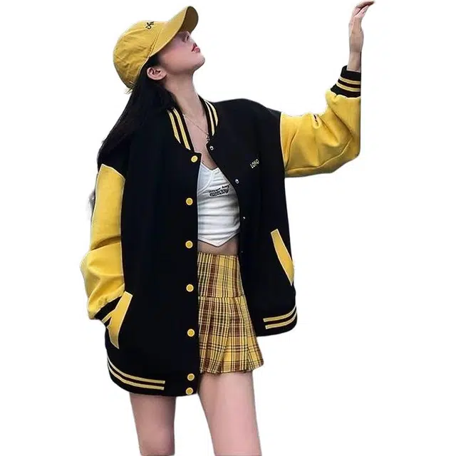 纤丝鸟 美式刺绣复古棒球外套休闲宽松撞色百搭字母拼接夹克上衣棉服 女款