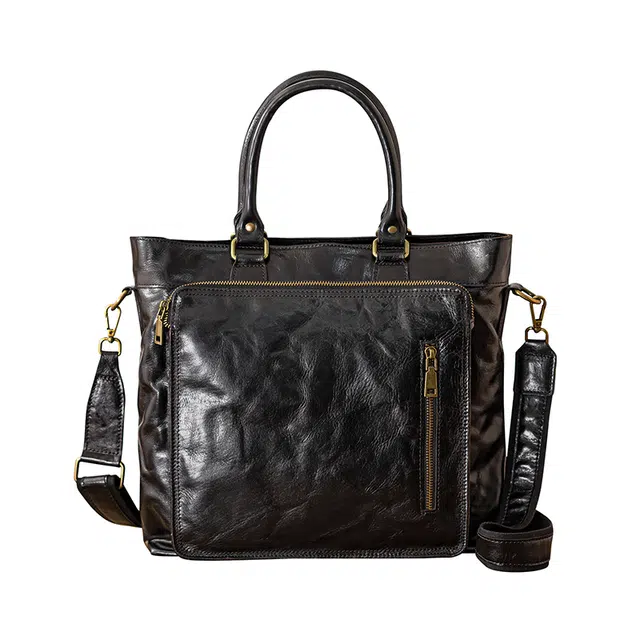 后步 百搭休闲大容量不撞款设计商务日常通勤 牛皮 手提包 大号 男款 黑色