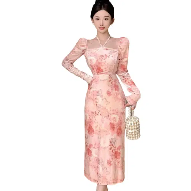 纤丝鸟 气质甜美印花方领挂脖收腰修身包臀中长裙长袖连衣裙 女款