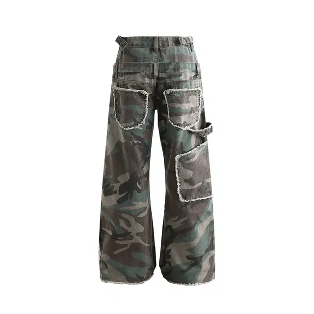 欧路得 设计双裤腰迷彩裤男秋美式宽松做旧高街百搭痞帅个性裤子牛仔裤 男款