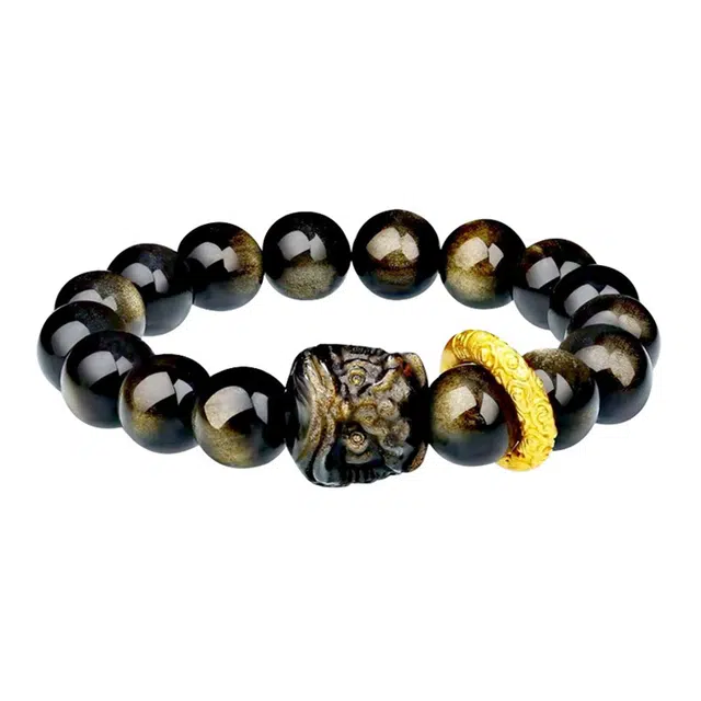 琛宬 【财源滚滚】时来运转纳福瑞狮呈祥转运珠新中式国潮醒狮祥云跑环招财进宝金曜文玩盘玩通勤百搭#好运 黑曜石 手串 男款