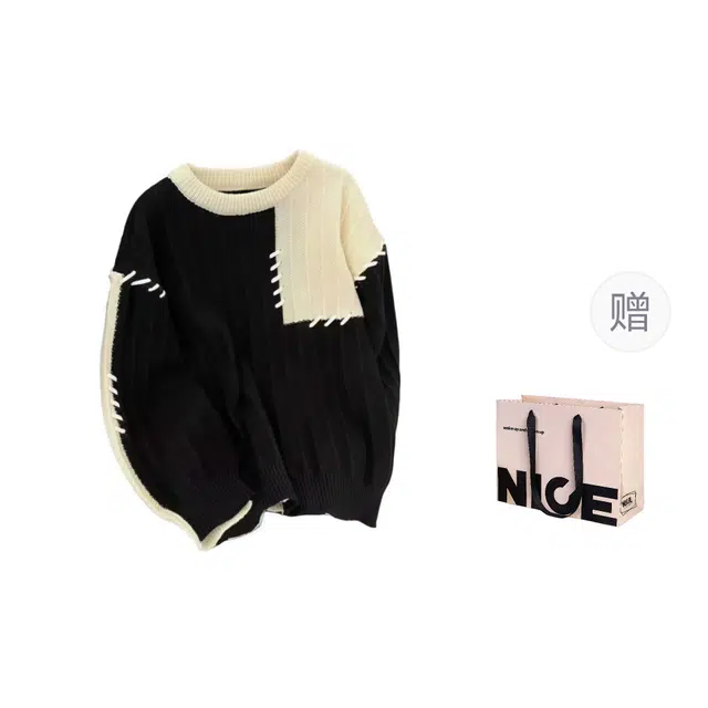 水田夏 设计感拼接撞色男女秋冬季宽松休闲小众套头青年上衣针织衫 男款