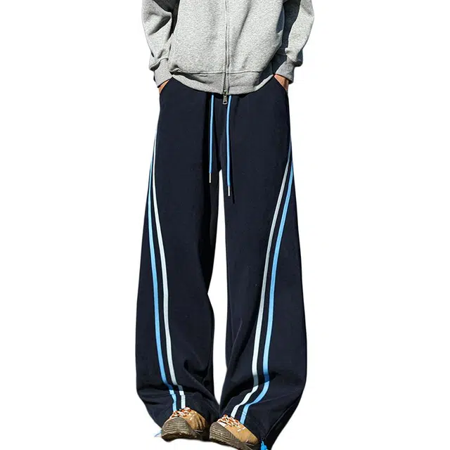 佐菲利 美式条纹织带卫裤潮牌撞色拼接设宽松慵懒感弯刀裤休闲裤 男女同款