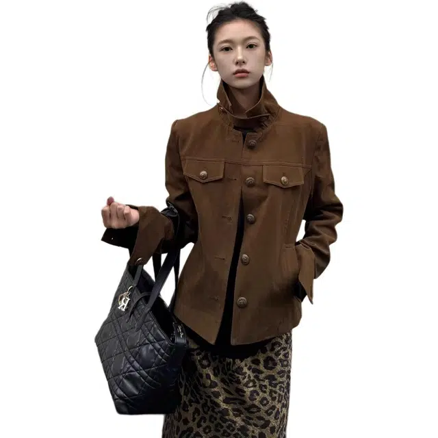 小卷要加油 美式复古棕色立领工装外套女春秋季小个子修身显瘦短款上衣夹克 女款