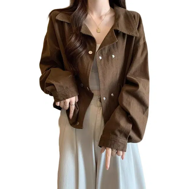 小卷要加油 美式复古设计感短款外套女秋季大码宽松遮肉翻领百搭上衣夹克 女款