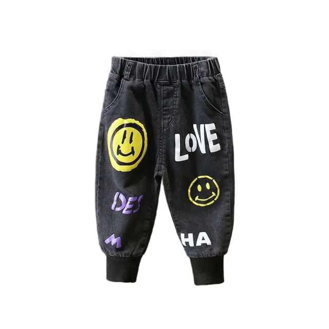 吉姆沃克 牛仔裤 儿童春秋款长裤男孩卡通炸街洋气女宝宝时髦束脚裤