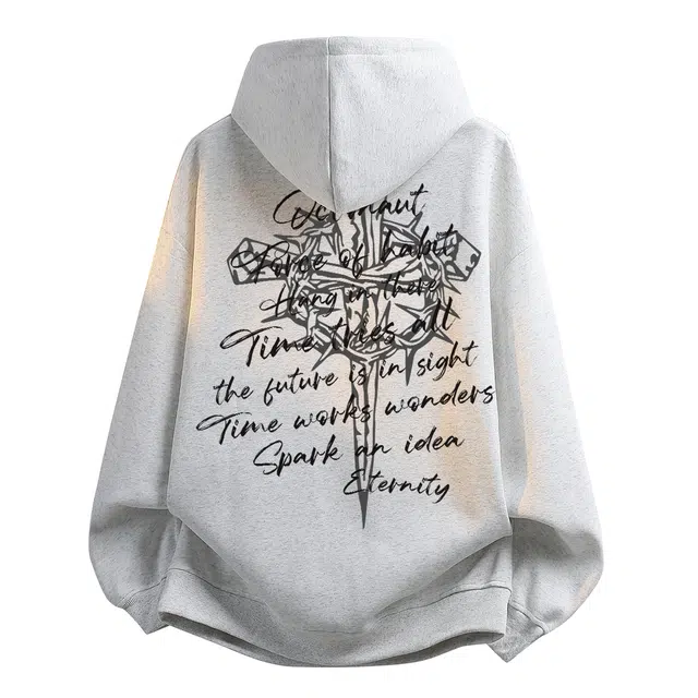 海底小纵队 美式高街手绘线条潮人必备十字架棘刺签名字母印花休闲宽松户外通勤运动百搭落肩套头长袖多场景无性别连帽卫衣 男女同款