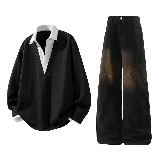 梓润格 秋季美式潮流时尚复古假两件设计感长袖卫衣纯色简约高级感日常百搭慵懒感无性别主义高街拼接宽松直筒长裤休闲运动套装 男女同款