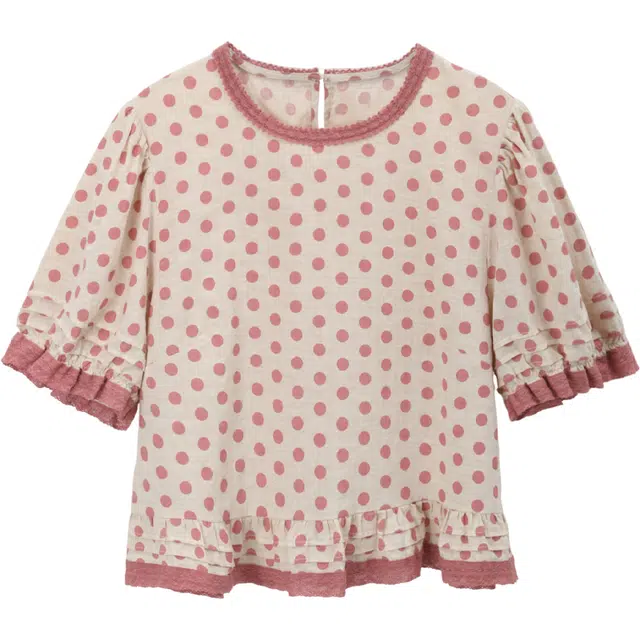 谜秀 粉色波点夏季圆点常规短袖圆领法式衬衫 女款