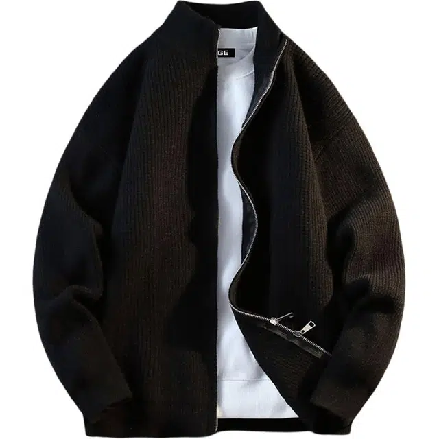 八哥 美式高街慵懒风高级感松弛无性别主义日常通勤户外百搭宽松休闲开衫拉链简约复古圆领落肩舒适长袖针织衫 男女同款