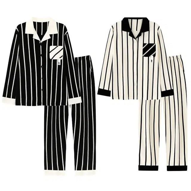 俏韵 翻领春秋季简约条纹长袖长裤甜美舒适休闲高级家居服可外穿睡衣套装 男女同款