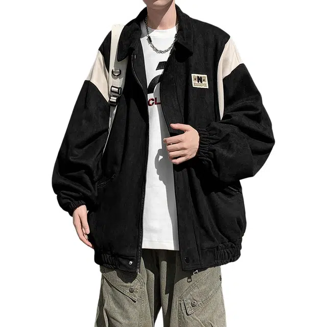 冈哉 美式相机片复古春秋款机车痞帅高街休闲棒球服翻领外套百搭工装宽松春秋季拉链大码个性舒适潮流日常通勤夹克 男女同款