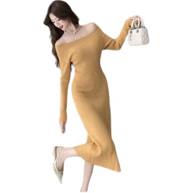 纤丝鸟 法式名媛高级感超好看独特纯欲一字肩修身显瘦长袖连衣裙 女款
