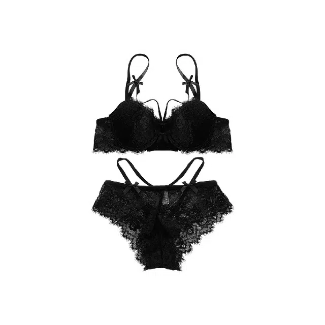 米囹 法式性感蕾丝纯欲大胸显小聚拢文胸镂空网红蝴蝶结胸罩内衣裤套装 女款