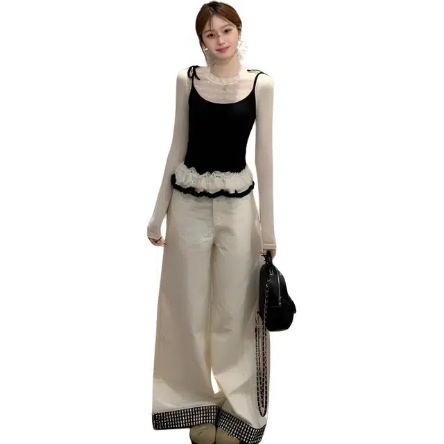 小卷要加油 小个子一整套穿搭韩系超好看假两件上衣两件休闲套装 女款