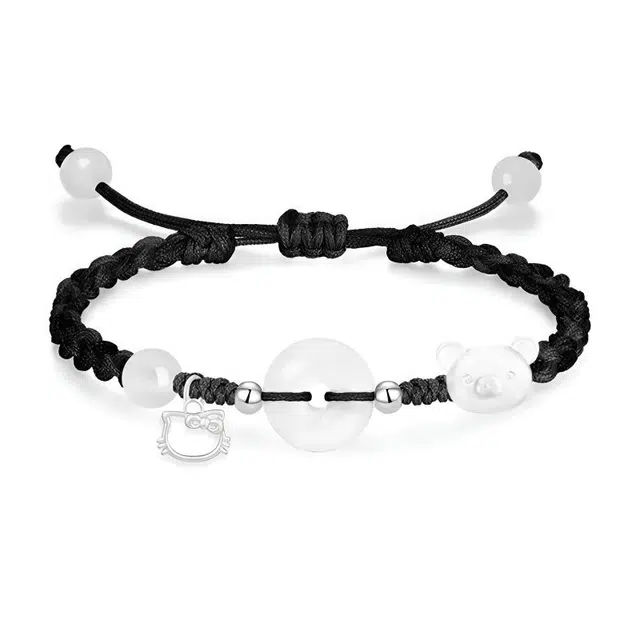 【999纯银|萌趣小猫】 京华录 灵动招财猫卡通招桃花小众高级感好运手饰约会惊喜甜蜜饰爱平安扣转运可调节 琉璃 玉石手绳 男女同款情侣款