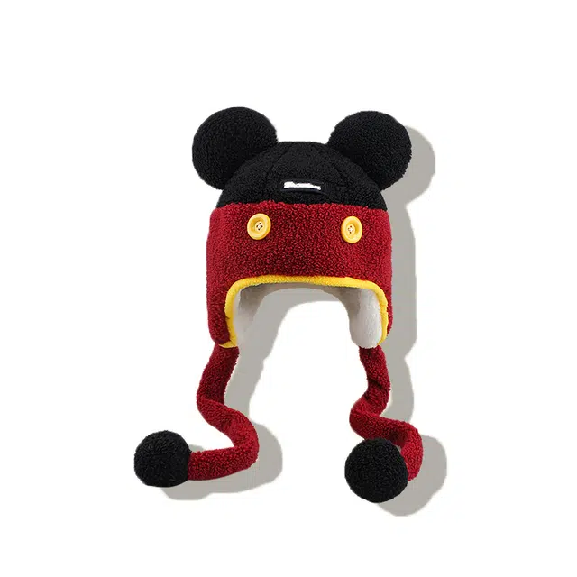 【秋冬必备~通勤保暖】 攸委 可爱卡通扣子耳朵拼色毛绒帽子女冬季加绒加厚防寒护耳帽 涤纶 学生时尚百搭创意雷锋帽 男女同款情侣款