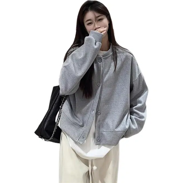 小卷要加油 纯色立领外套女早秋小个子超好看宽松百搭棒球服上衣卫衣 女款